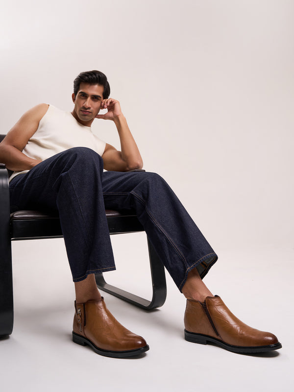Men's Tan Round Toe Casual Slip On Boots (ID2273)