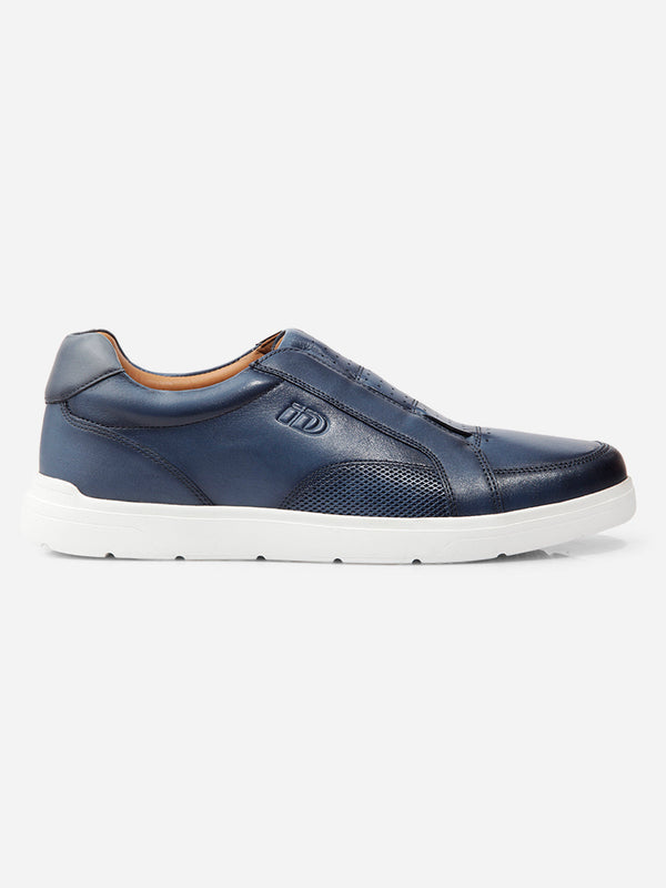 Men's Blue Round Toe Slip On Leather Sneaker (ID3088)