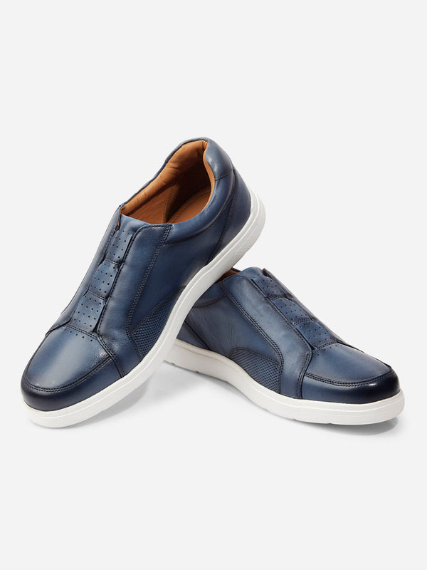 Men's Blue Round Toe Slip On Leather Sneaker (ID3088)