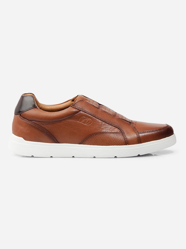 Men's Tan Round Toe Slip On Leather Sneaker (ID3088)