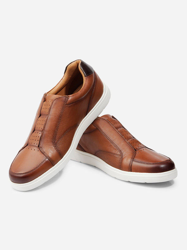 Men's Tan Round Toe Slip On Leather Sneaker (ID3088)