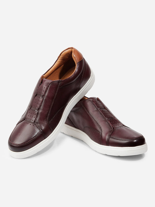 Men's Wine Round Toe Slip On Leather Sneakers (ID3088)