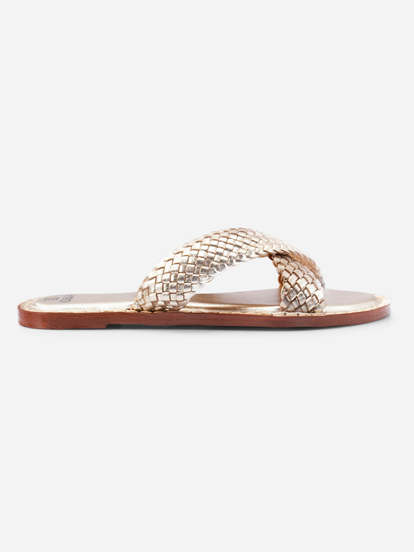 Women's Gold Criss Cross Slide In Sandal (IU4012)