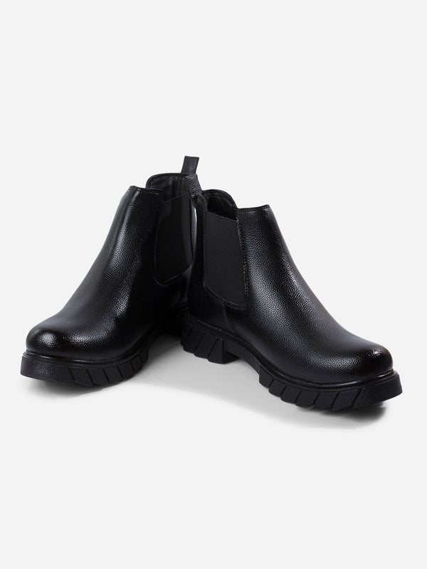 Men's Black Round Toe Casual Slip On Boots (IX3038)